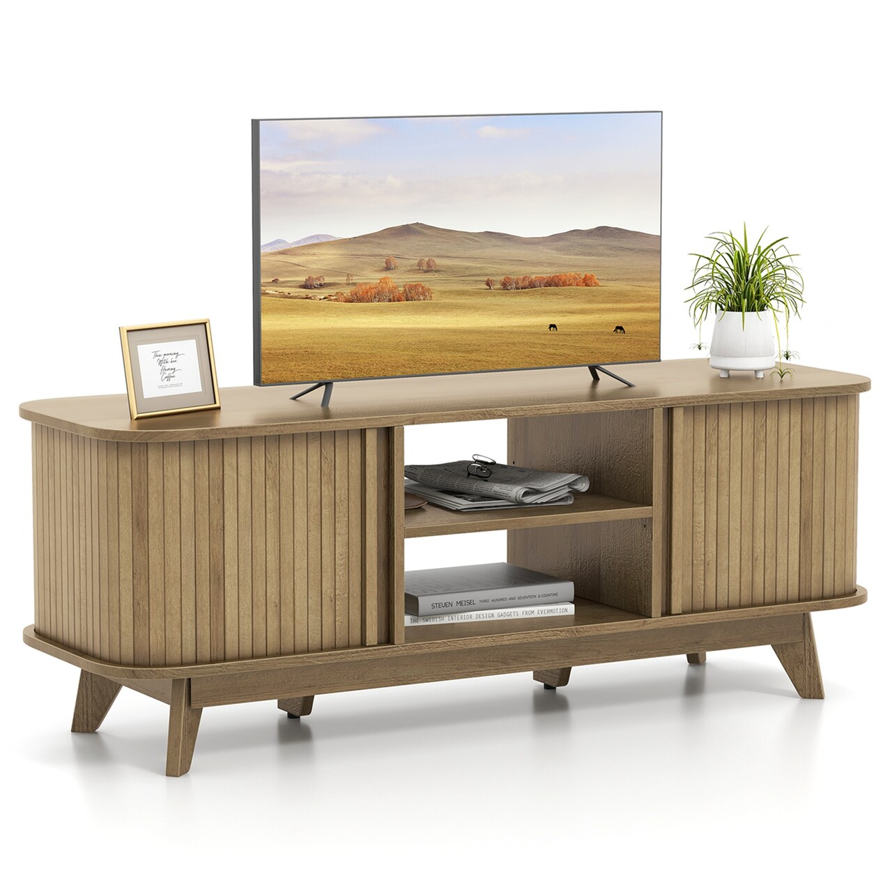 Costway TV Stand for TV up to 55 Inch Television Cabinet with 2 Open Shelves Sliding Doors